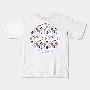Blue and Brown Abstract Leaves Pattern Kids T-Shirt